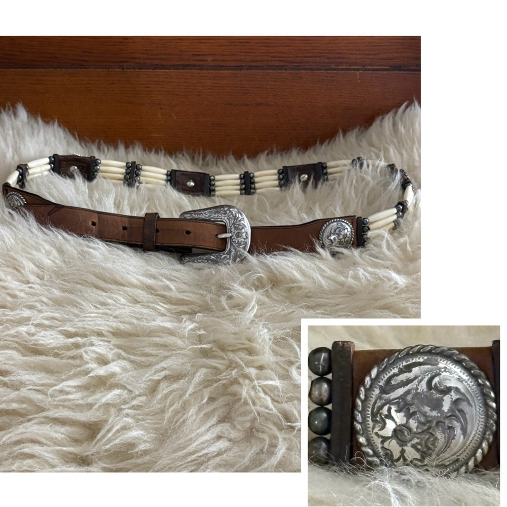 Tan Leather Beaded Belt with Silver Buckle and Floral Etched Silver Cabochons